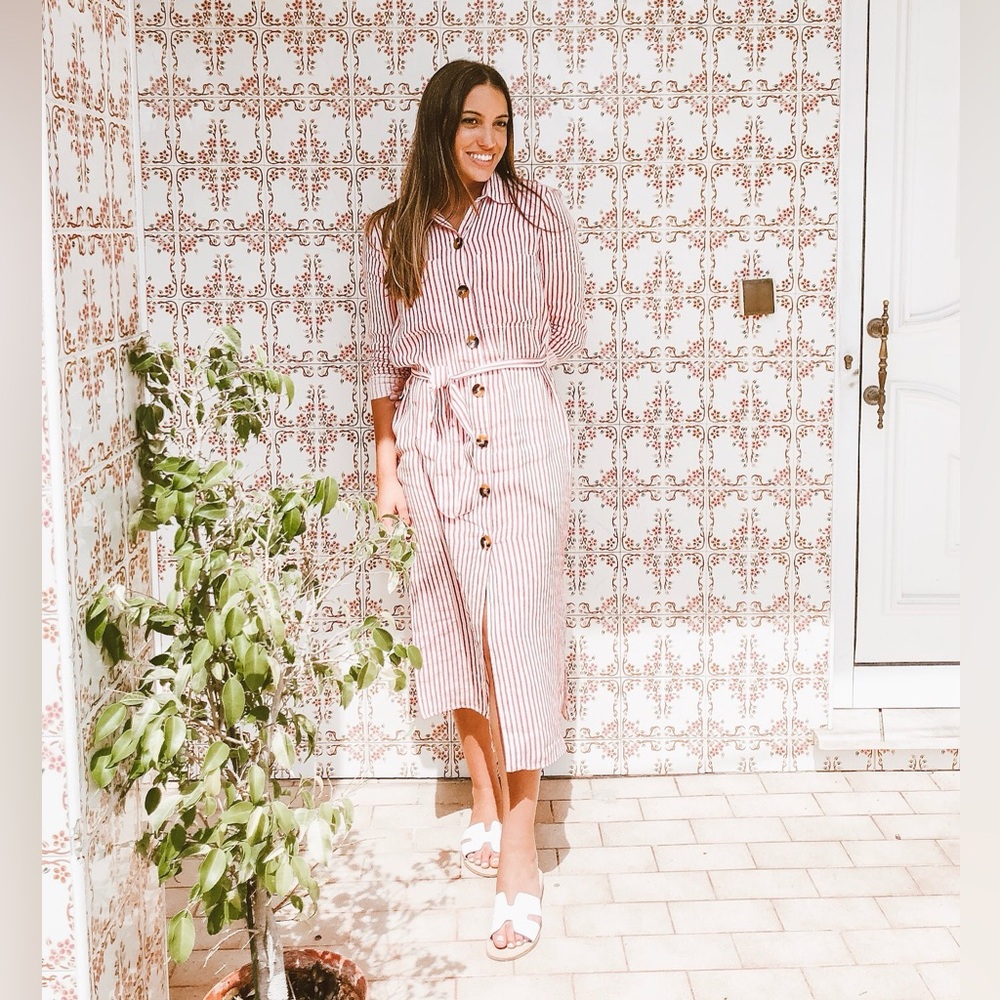 Zara Red and White Striped Button-Down Shirt Dress